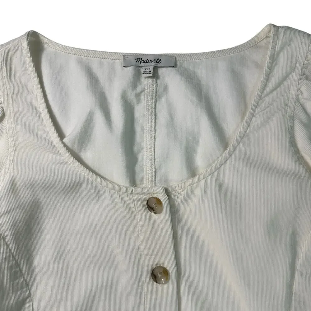 Madewell Corduroy Shirred-Sleeve Button-Front Shirt Ivory Blouse Top Size XS‎